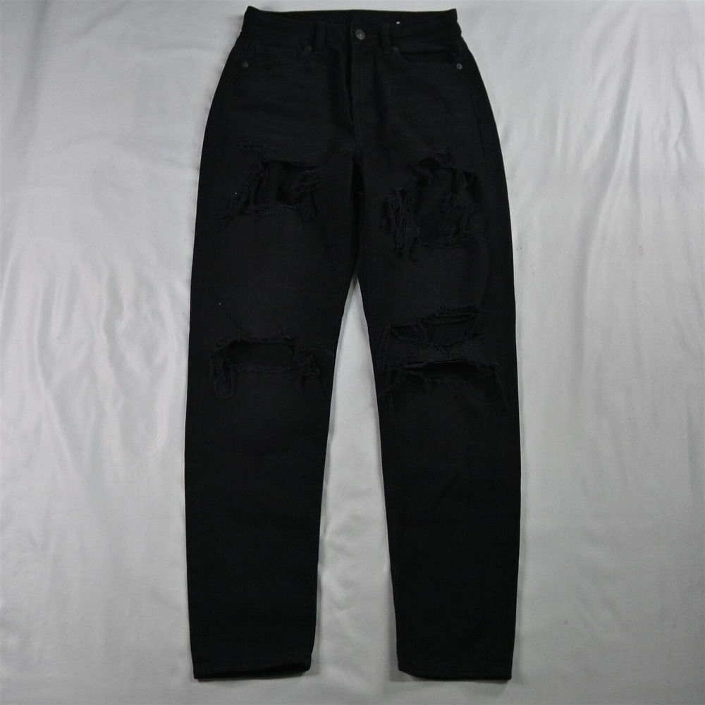 American‎ Eagle 0 Mom High Rise Tapered Black Destroyed Denim Womens Jeans